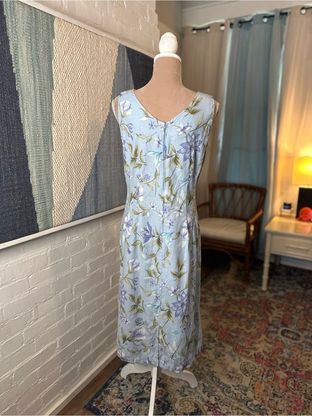 Expressions Linen Blend Blue Floral 90s Sleeveless Midi Dress - Picture 9 of 11